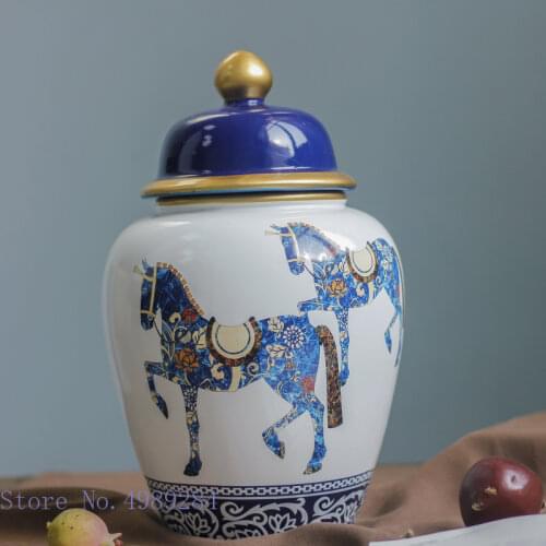 Chinese Horse Ceramic Storage Tank Flower Vase Hand-painted Colorful Ceramic Crafts Golden General Jar Home Decoration Vases