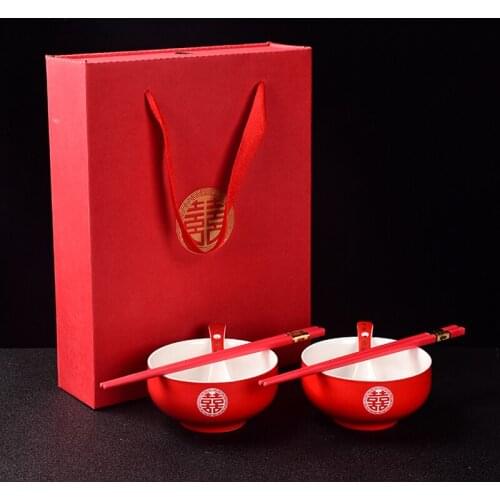Chinese tradition wedding supplies collection ceramic red tea cup teacup bowl chopsticks wood tray set gift box