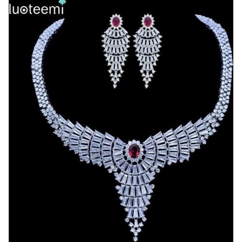 LUOTEEMI New Luxurious Staterment Choke for Women Shining Zircon Big Pendant White Gold-Color Bridal Wedding Jewelry Party Gift