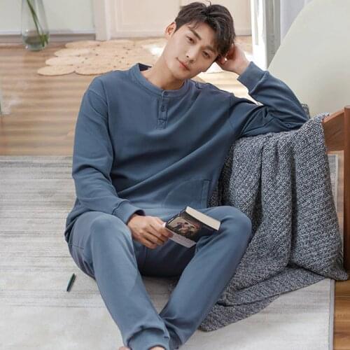 Male Oversize 100% Cotton Pajamas Suits 2PCs Spring Autumn Sports Leisure Wear Breathe Freely Winter Homewear Long-Sleeves