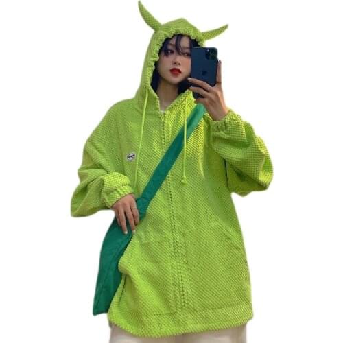 Autumn Women Harajuku Punk Gothic Hoodies Devil Horn Hooded Sweatshirt Plaid Teens Zip-Up Casual Loose Streetwear Party Clothes