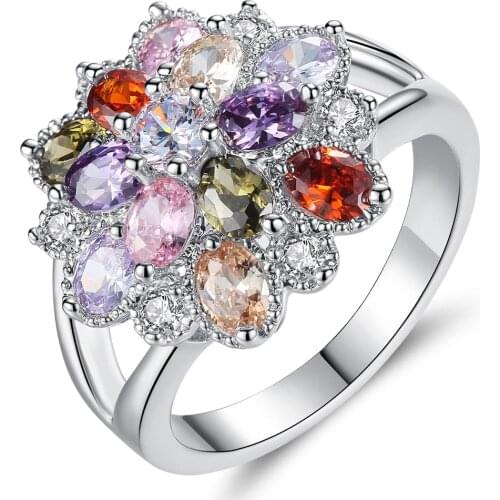 Romantic Crystal Sunflower Rhodium Plated Retro Cubic Zirconia Ring Wedding Jewelry Valentines Gift for Women Girl B51