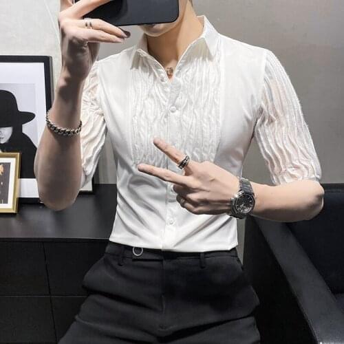 Korean Summer Transparent Half Sleeve Shirts Men Tuxedo Simple All Match Slim Fit Streetwear Casual Blouse Homme Black/White 3XL