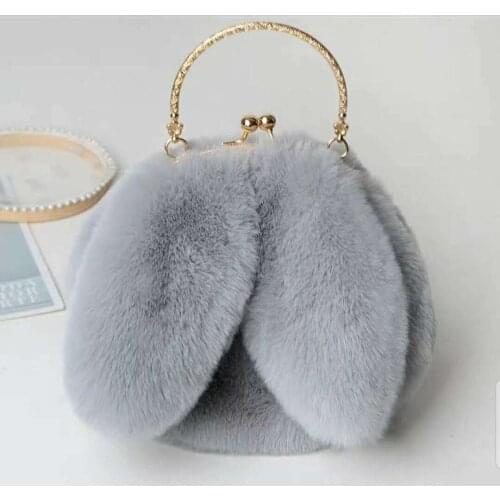 Gray Faux Fur Bag Women Winter Chains Rabbit Shaped Girls Princess Trendy Furry Plush Crossbody Bags Casual Soft Ins Girl Bag