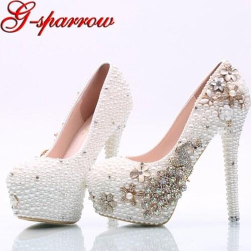 White Pearl Phoenix Wedding Shoes High Heel Rhinestone Stiletto Heel Bridal Dress Shoes Adult Ceremony Prom Pumps Plus Size 45