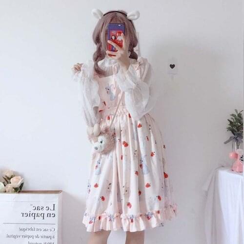 Y2k Japanese For Women Dress Chic Lady Kawaii Ulzzang Strawberry Rabbit Cute Babydoll Strap Dress Female Vintage Harajuku Dress