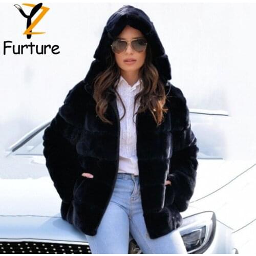 YZ Women Genuine Rex Rabbit Fur Hooded Jackets Black Natural Thick Rex Rabbit Fur Short Coat Winter Warm Fashion Fur Outerwear