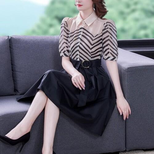 Summer Korean Office Lady Striped Patchwork Mini Dress 2021 Casual 2XL Plus Size Shirt Dress Elegant Bodycon Party Women Vestido