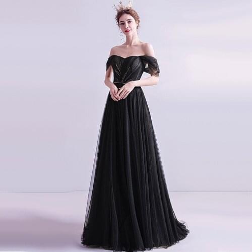 Evening Dresses Illusion A-Line V-Neck Short Beading Pleat Lace Backless Off The Shoulder Luxury Black Women Formal Gown TS010