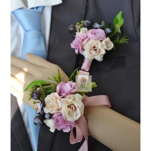 1Piece Handmade Wedding Groom Boutonniere OR Bride Bridesmaid Women Hand Wrist Flower Artificial Flowers Corsages Rose Flower