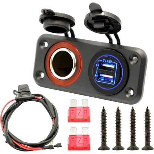 5V 4.8A Dual USB Car Power Outlet Waterproof Marine Cigarette Lighter Adapter Panel with Blue LED Lights for Boat ATV