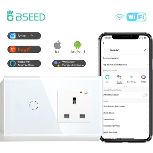 BSEED Wifi Light Switch Touch Wall Sockets Smart UK Standard Switch Crystal Glass Panel White Black Gold 1/2/3 Gang
