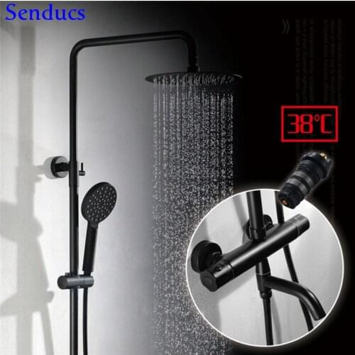 Senducs Black Thermostatic Shower Set European Black Raining Top Shower System with Quality Solid Brass Black Bath Shower Set