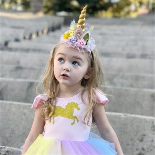 Newborn Elastic Unicorn Headband Birthday Lace Flower Crown Kids Tiara Hair Bands Headwear Glittery Lovely Kids Hair Accessories