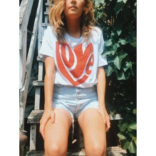 Cute More Love 70s Inspired Ladies Tee Summer Red Heart Design Graphic Tshirt Plus Size White Cotton Vintage Sweet Casual Tshirt