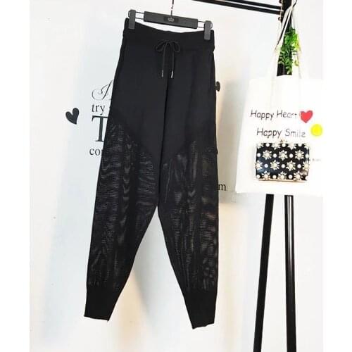 Hot Rhinestone High Waist Casual Pants Womens Pants Loose Spring/Summer Black Hollow Mesh Pants 2021 New