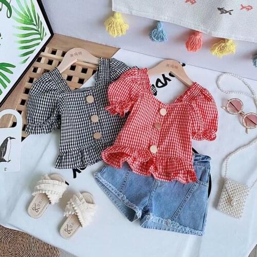 New Fashion Girls Clothing Sets Cotton Children Tops Denim short pants 2 pcs Kids Round Neck Suits Baby Casual Outfit