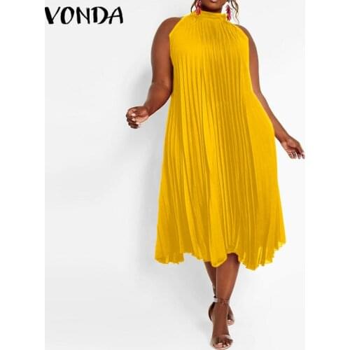 Short Dress VONDA 2021 Women Satin Slik Dresses Vintage Pleated Long Sundress Bohemian Vestidos Summer Sleeveless Robe