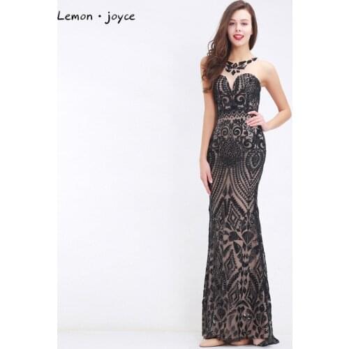 Lemon joyce Black Evening Dresses for Women 2020 Elegant with O-neck Sleeveless Prom Party Gowns Plus Size Robe de Soire