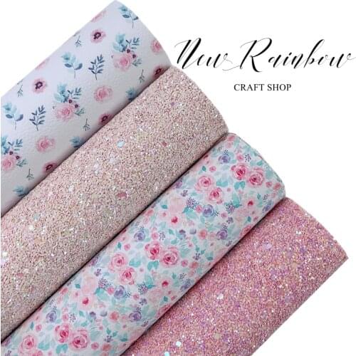 NewRainbow 30X22cm A4 Bow Leatherette Sheets Pink Flowers Glitter Litchi Faux Leather For Crafts DIY, Accessories, Hair Clips