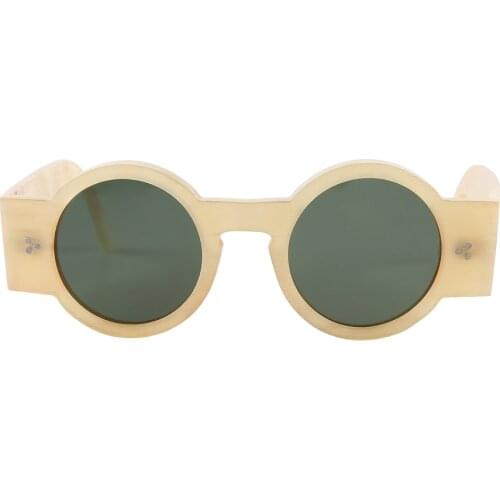 Matt Rough Shiny Smooth Finish Wide Temples 3 Three Rivets Round Clear Transparent Honey Natural Horn Sunglasses