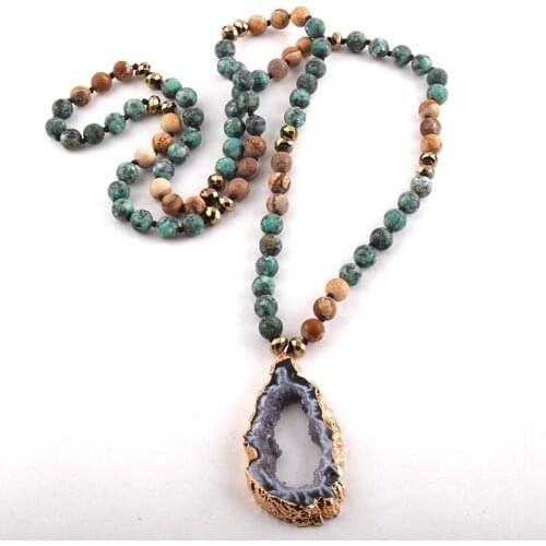 MOODPC Fashion Bohemian Tribal Jewelry Stone Long Knotted Irregular Druzy Stone Pendant Necklaces D