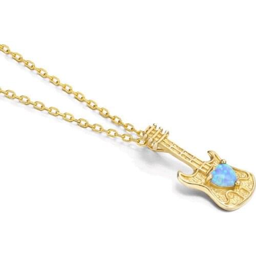 100% 9K Yellow Gold Blue Opal Guitar Pendant Necklace Women New Arrival Musical Instrument Necklace Teen Girls Wedding Jewelry