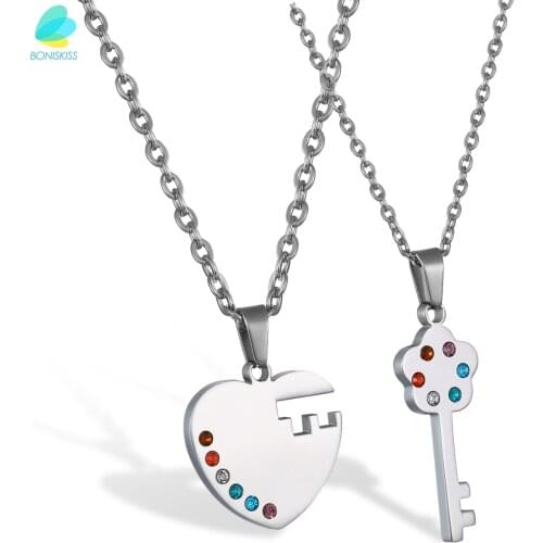 BONISKISS Lovers Couple Matching Pendant Lock And Key Necklace Rainbow Color Crystal Accents With Chain