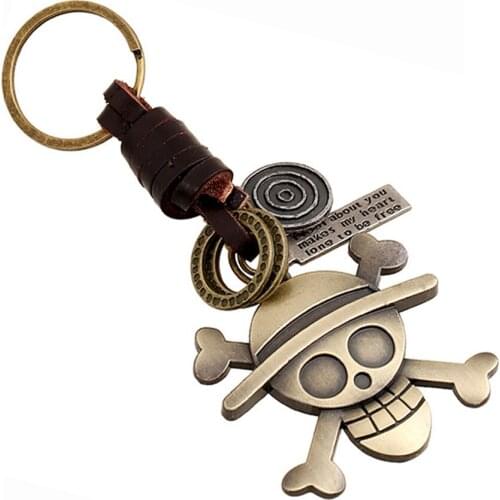 Charm Punk Vintage Skeleton Genuine Leather Keychain Bag Pendant Keyring Weave Skull Car Keyfobs Jewelry Souvenir Gift FY021