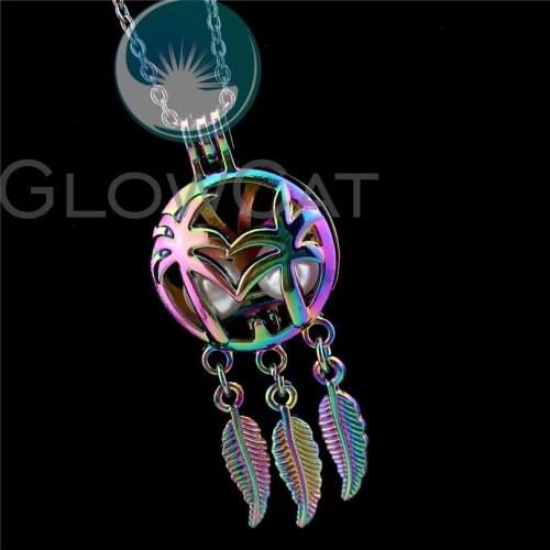 R-C825 Rainbow Color Dreamcatcher Feather Coconut Tree Beads Cage Pendant Perfume Diffuser Aroma Pearl Cage Locket Necklace