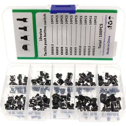 100PcsAssort Tactile Push Button Switch (6x6mm) 4 Pin Button Switch Assortment Kit for Electronic DIY Projects