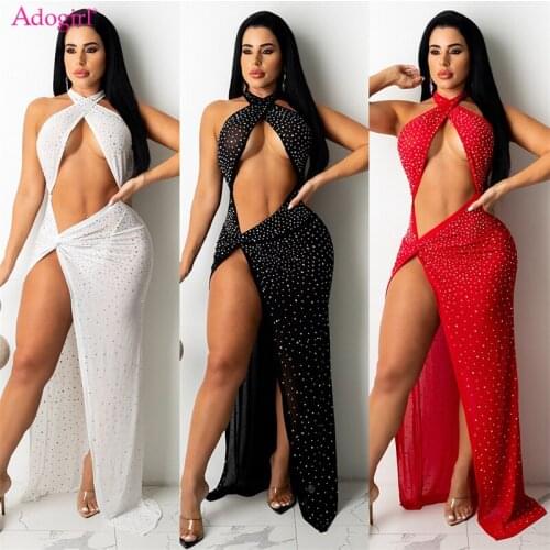 Adogirl Diamonds Maxi Party Dress Women Sexy See Through Hollow Out Cross Halter Sleeveless High Split Long Robe Club Vestidos