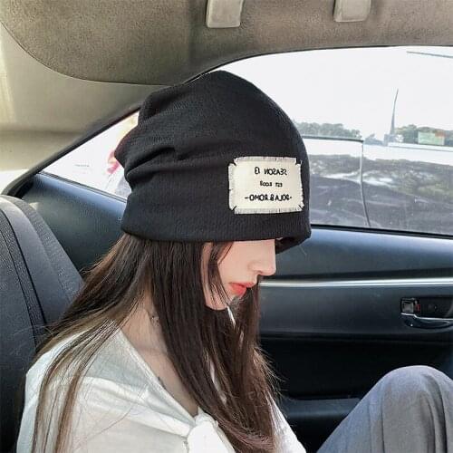 Fashion Streetwear Beanie Women‘s Hats 2021 Thin Autumn Letter Applique Slouchy Female Baggy Cap Hip hop Skull Caps Black