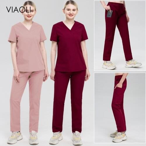 High Quality Doctor Costume Women Pet Clinic Uniforms Hospital Surgical Nurse Workwear V-neck Stretch Fabric Nursing Scrubs Sets