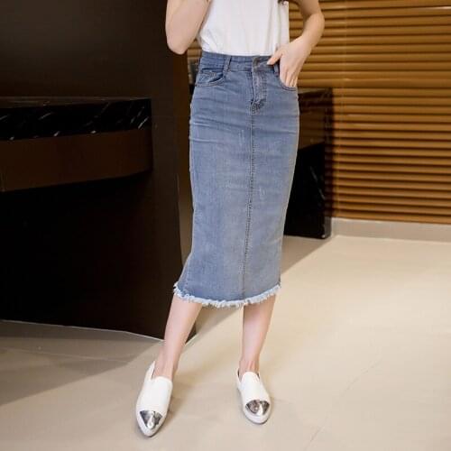 Autumn Summer Slim jean skirts Women Casual Tassel A-Line casual denim Skirt Mid Calf Vintage Pencil Skirt For Women