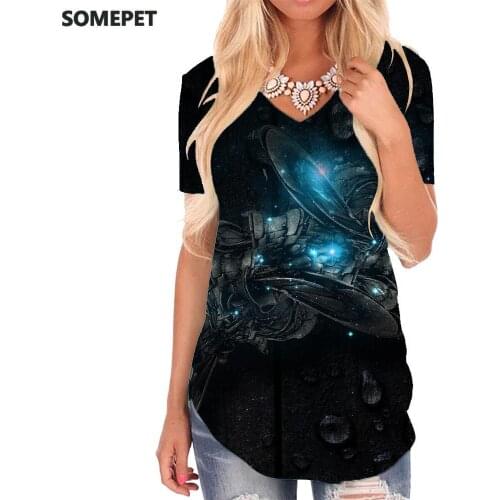 SOMEPET Psychedelic T-shirt women Flowers T-shirts 3d Black V-neck Tshirt Harajuku Tshirts Printed Womens Clothing Fashion Cool