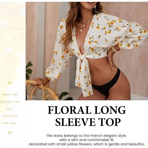 Women Floral Printed Long Sleeve Beach Cover Ups Tie Knot Bathing Suit Swimsuit Crop Tops Sun Protection Cardigan Party Outwear