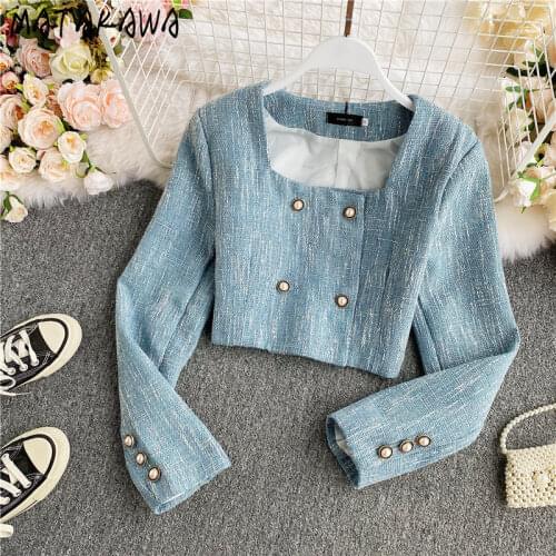 Matakawa Autumn Woman Jacket French Vintage Square Collar Slim Elegant Double Breasted High Waist Short Jackets All-match Coat