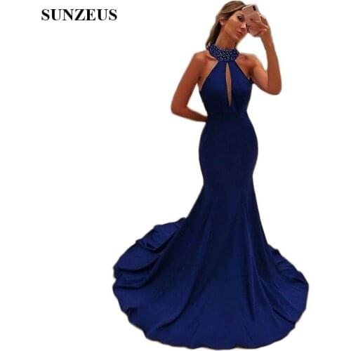 Beaded High Neck Royal Blue Evening Dresses Long Mermaid Backless Formal Evening Gowns Keyhole Front Jeresy Dress Party