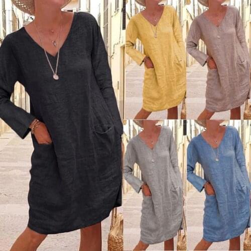 Womens Loose Short Dress Oversized S-5XL Lady V Neck Long Sleeve Cotton Linen Pockets Beach Holiday Mini Dresses