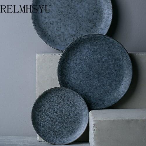 1PC RELMHSYU Japanese Style Retro Ceramic Western Food Flat Round Dinner Plate Dishes Home Tableware