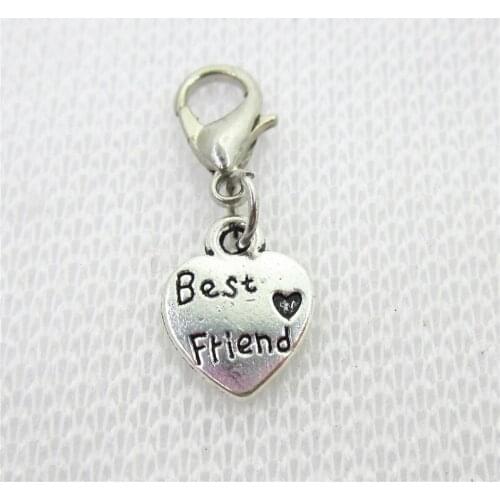 2018 New 50pcs/lot Silver Best Friend Heart Dangle Charms Lobster Clasp DIY Bracelet Necklace Pendants Jewelry Hanging Charms