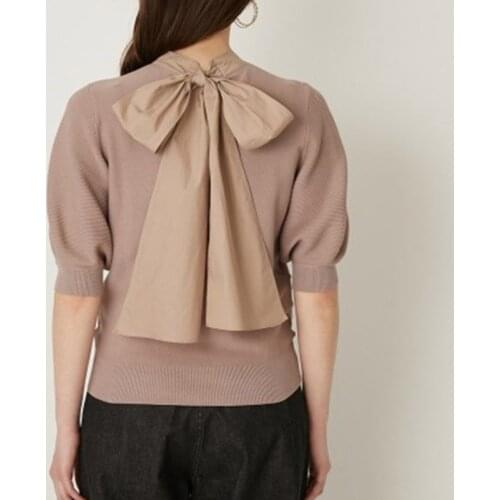 2021 Fashion Lace Up Bow Designed Knitted Pullovers Sweeet Puff Short Sleeve Women Knit Tops Summer Simple O-neck Ropa Mujer