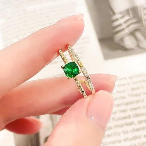 2021 New Arrival 14K Real Plated Green Square Crystal Adjustable Rings For Women Zircon Wedding Rings
