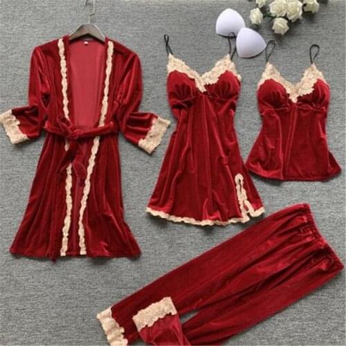Women Sleepwear Robe with Pants Velvet Pajamas Lace Sleep Lounge 4 Pcs Sets Sexy Ladies Nightgown Bathrobe Indoor Clothing Suit