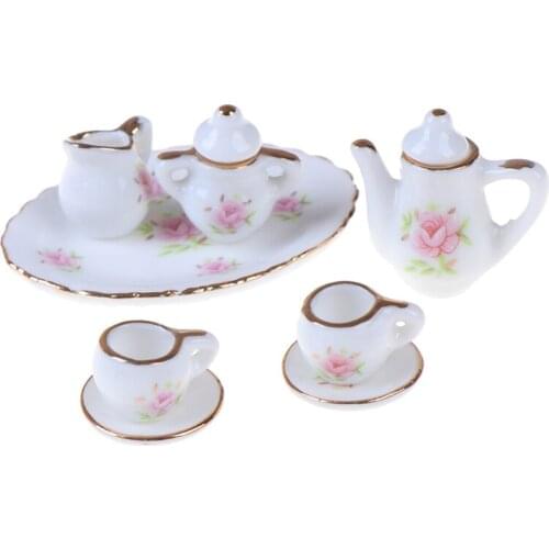 8Pcs/set Scale 1/12 Dollhouse Miniature Dining Ware Porcelain Tea Set Dish Cups Baby Kids Furniture Toys