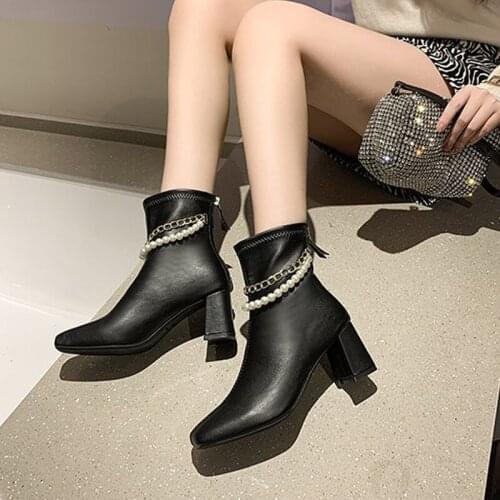 New Women Ankle Boots String Beads High Heels Pumps Female Square Toe Zip Short Booties Autumn Winter Fashion Shoes 2021