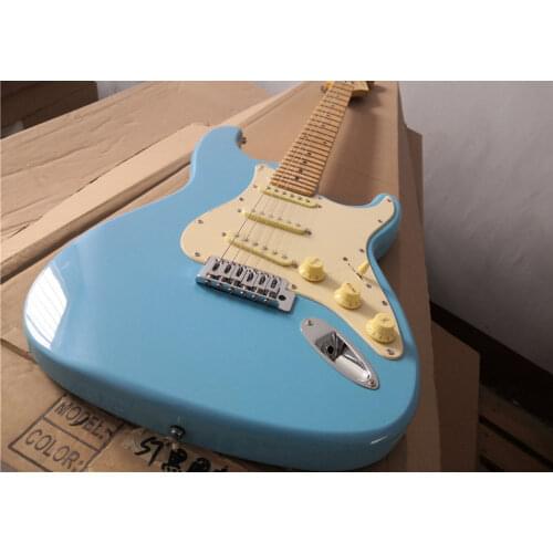 Free shipping order booking 6 strings guitar, blue guitar,chrome bridge SSS yellow pickups,maple neck,big head
