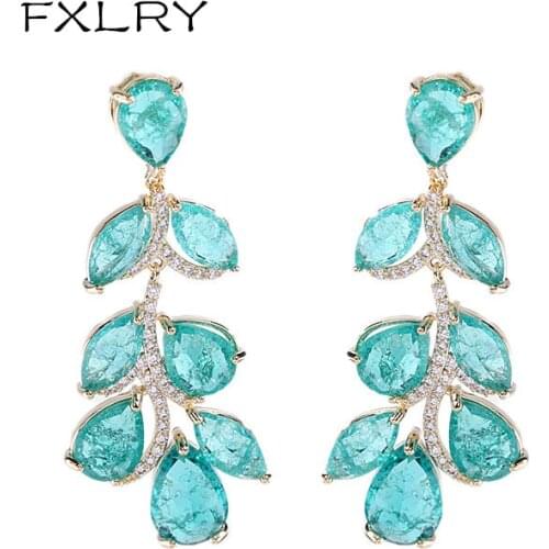 FXLRY Fashion Leaf Earrings Inlaid With Ice Green Zircon For Women Wedding Bridal Jewelry