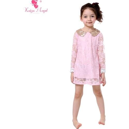 Kaiya Angel Girls Clothes Spring Girls Dress Sequin Collar Pink Long Sleeve Lace Dress Wholesale 1-9T Kids Clothing Princess